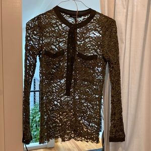 Olive green sheer lace long sleeve shirt by Nanette Lepore. Small / size 4